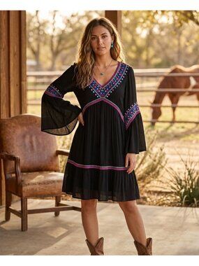 Double D Ranch Womens S Black Embroidered Bell Sleeve Boho Tunic Dress Mirrors